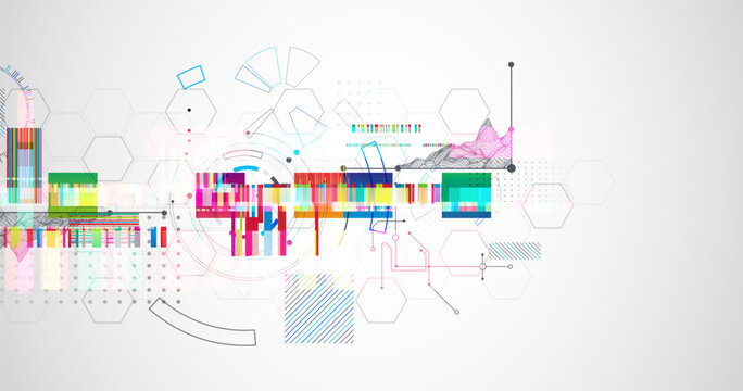 Abstract colorful background with different tech elements and lines. Color chaos. Vector illustration.
