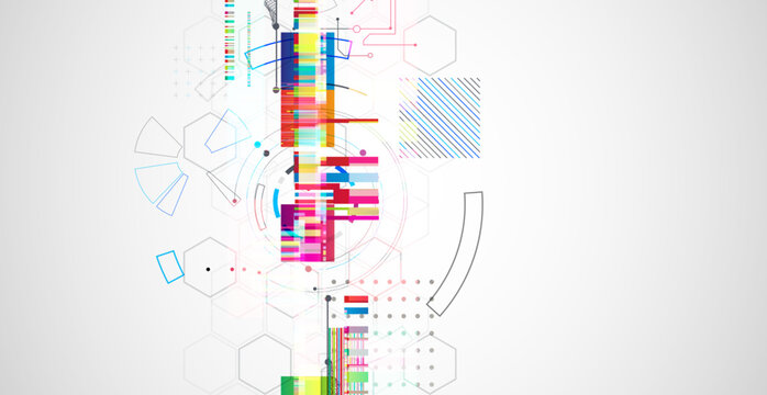 Abstract colorful background with different tech elements and lines. Color chaos. Vector illustration.
