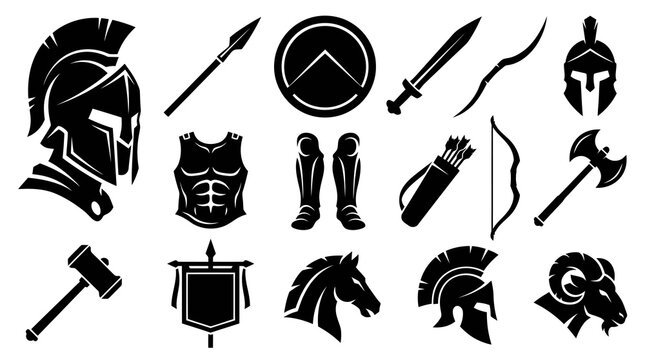 Ancient Greek and Roman Warfare Icons Set: Spartan Helmets, Warrior Weapons, Armor, and Mythological Symbols - Vector Silhouette Glyphs