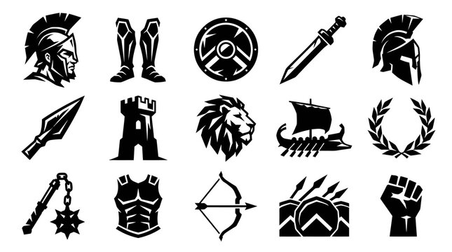Ancient Warfare and Mythology Vector Glyph Icon Set: Spartan Warrior, Military Weapons, Armor, and Historical Symbols of Strength and Courage.