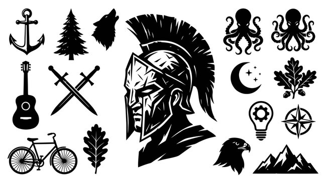 Black and White Silhouette Icons: Spartan Helmet, Octopus, Guitar, Anchor, Bike, Nature, Mountains, Eagle, Compass, Lightbulb