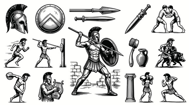 Ancient Greek Spartan Culture Engraving Style Black and White Vector Set: Warriors, Weapons, Athletics, and Historical Artifacts Collection
