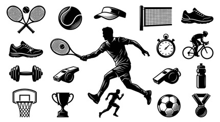 Fototapeta premium Monochrome Sports and Fitness Glyphs Icon Set: Athletes, Balls, Racquets, Gear for Training and Competition