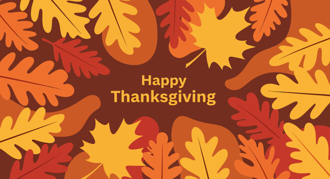 Vibrant autumn leaves in warm hues frame a heartfelt 'Happy Thanksgiving' message, perfect for seasonal greetings, fall celebrations, and festive holiday designs