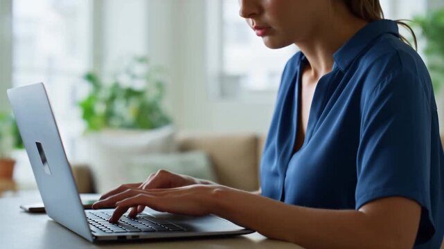 Professional woman works remotely on laptop at home desk remote work offers flexibility and comfort remote jobs increase productivity significantly remote work footage attracts hr tech companies