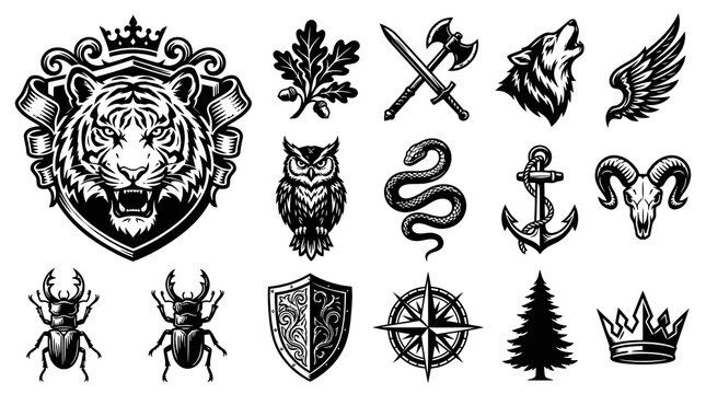 Set of Black and White Vintage Emblems, Badges, and Icons - Tiger, Wolf, Owl, Anchor, Axe, Crown