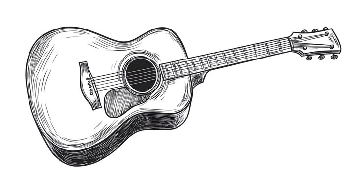 An artistic, monochrome acoustic guitar, rendered in a detailed sketch.