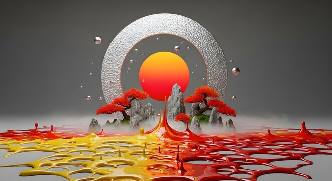 Vibrant 3d illustration of a sunset with red trees and colorful liquid splashes on a gray background