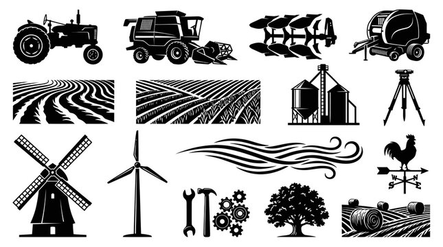 Black and White Vector Icons of Farming Equipment, Fields, and Rural Life
