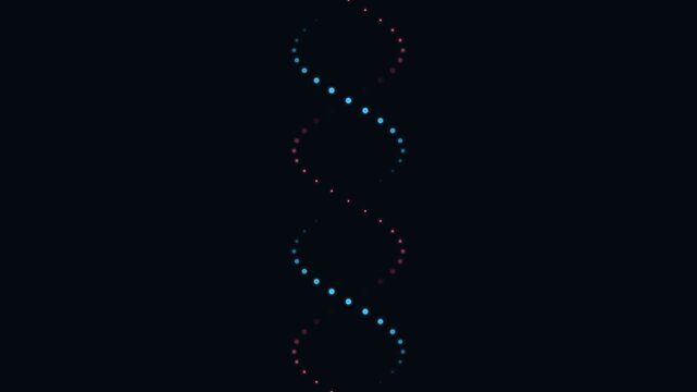 Abstract Double Helix Structure With Blue And Pink Glowing Particles Against Black Background