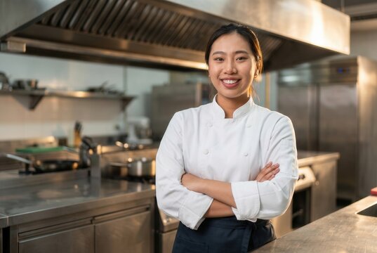 Young female chef standing with crossed arms, smiling in a commercial kitchen