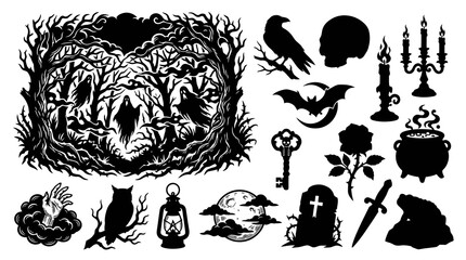 Naklejka premium Spooky Halloween Gothic Horror Vector Silhouettes Collection. Monochrome Icons Set for Scary Celebrations, Witchcraft, and Fantasy Designs.