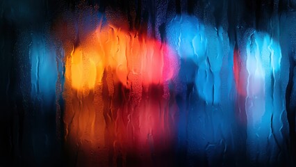 Naklejka premium Vivid abstract background of rain streaked glass with colorful bokeh lights at night