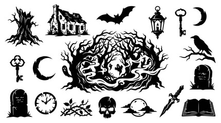 Naklejka premium Spooky Halloween Silhouette Icons: Haunted House, Bat, Raven, Skull, Tombstone, Key, Moon