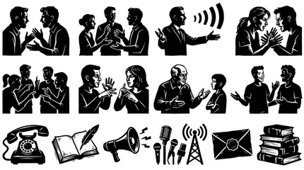 Fototapeta premium Black and White Vector Illustrations of People Communicating and Communication Symbols