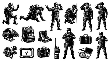 Naklejka premium Black and White Line Art of Military Soldiers, Equipment, and Gear for Security and Tactical Themes