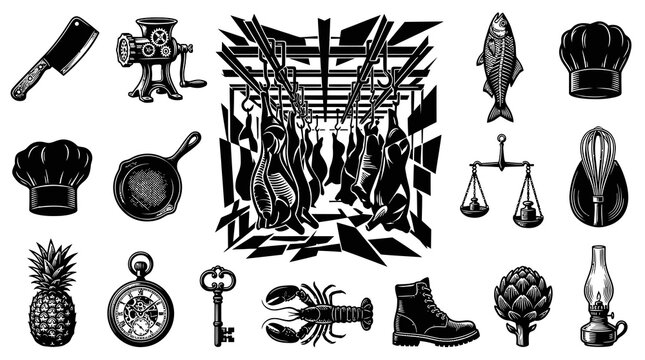 Vintage Butcher Shop Icons: Meat Cleaver, Grinder, Hanging Carcasses, Fish, Chef Hat, Pan, Scales, Whisk, Lobster, Boot