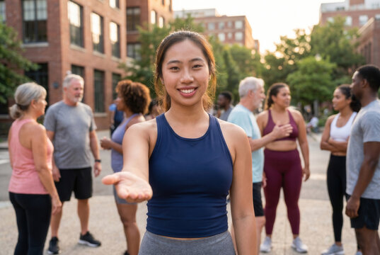 Young woman extending hand to invite diverse group to join an urban fitness community