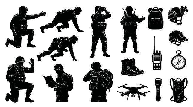 Tactical Military Soldiers and Gear Vector Set: Army Personnel, Helmets, Radio, Drone - Black Silhouette Glyphs