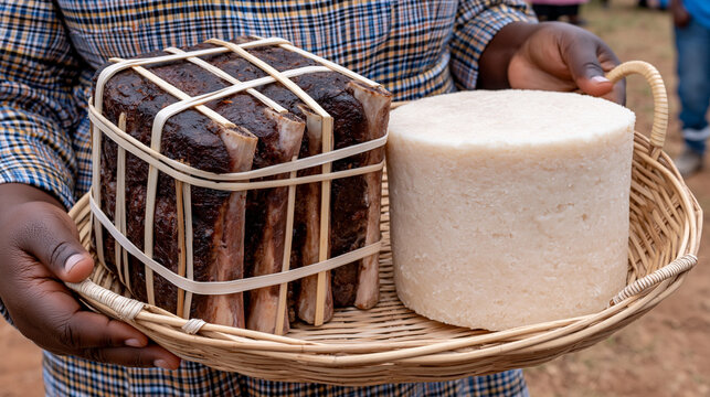 Person holding a woven basket with two types of food products traditional offering foodstuff