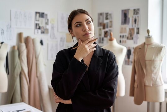 Young woman fashion designer holding a pencil, planning her design in a studio