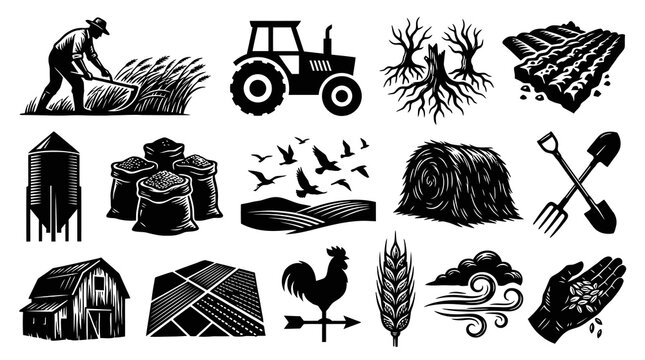 Black and White Farm Icons: Farmer, Tractor, Barn, Hay, Wheat, Rooster, Fields, Silo, Seeds