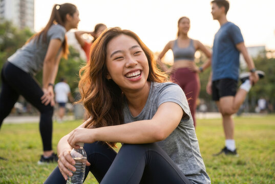 Young woman sitting on grass, smiling and holding water bottle with friends in background