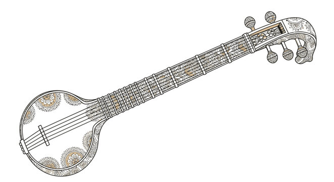 Traditional Indian Veena musical instrument with intricate decorative patterns, isolated on white background