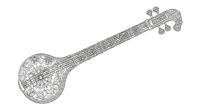 Intricate line drawing of a Sitar, a stringed musical instrument from the Indian subcontinent, isolated on white background.