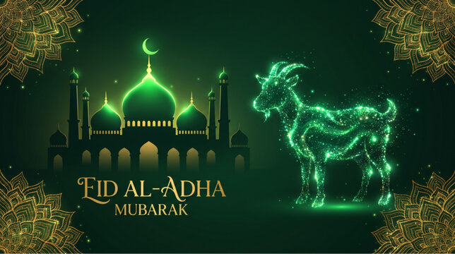 Radiant Eid Al Adha Mubarak background with glowing mosque and sacrificial animal silhouette, celebrating Islamic festival joy and tradition