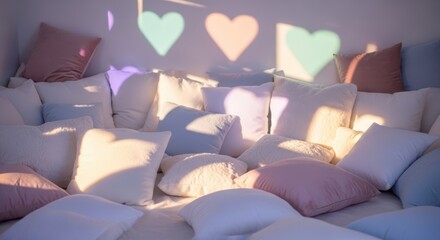 Obraz premium Cozy corner with many soft pillows and heart-shaped light projections on the wall