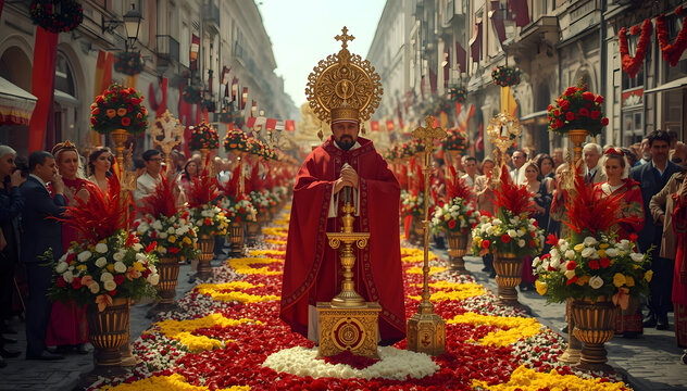 Religious Procession: Monstrance with Host, Crowds, Flower Petal Carpet
