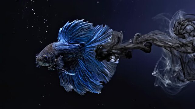Blue betta fish swimming in dark water with flowing fins