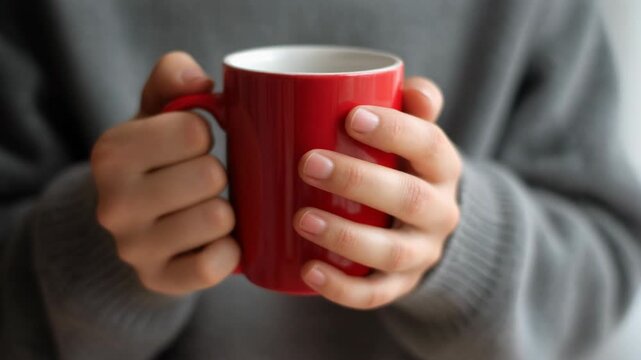 Red mug held in hands