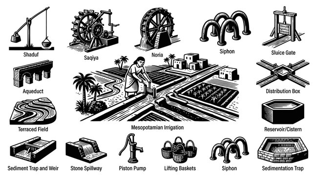 Historical Agriculture and Water Management: Black and White Line Art Illustration of Ancient Irrigation Systems, Tools, and Technologies like Shaduf, Saqiya, Noria, and Aqueducts.
