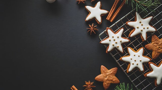 White and brown star shaped cookies on a cooling rack