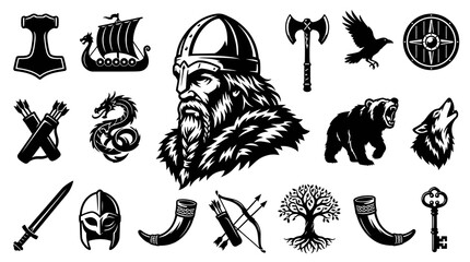 Naklejka premium Viking and Norse Mythology Symbols Set. Stylized Black White Vector Icons Collection for History and Culture Designs.