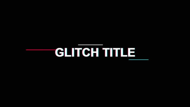 Glitch title animation with digital distortion effects, modern kinetic typography on black background, futuristic tech text overlay for video editing