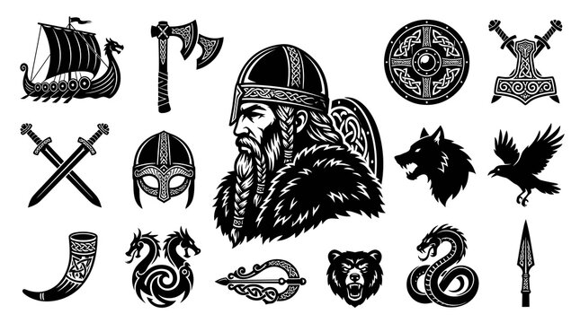 Black  White Viking Symbols: Ship, Axes, Warrior, Shield, Hammer, Wolf, Raven, Bear, Snake, Spearhead, Horn, Helm, Swords, Dragons