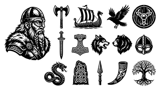 Viking Icons Black and White Vector Set - Norse Mythology, Warrior, Ship, Animals, Axe, Sword, Shield