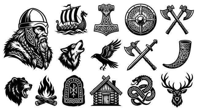 Black and White Line Art Vector Set of Viking Symbols. Norse Mythology Icons Featuring Warrior, Longship, Mjolnir, Shield, Axes, Wolf, Raven, and Stag.