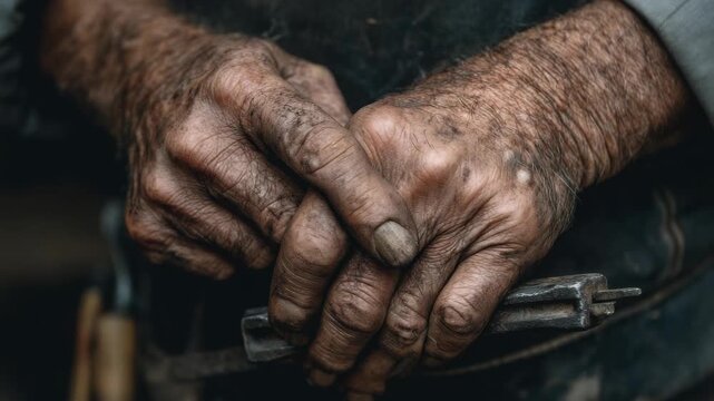 Close-up of weathered, calloused hands holding a metal tool with dirt and grime