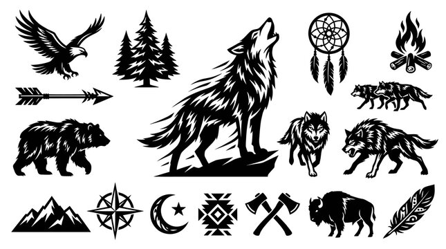 Black and White Vector Icons: Majestic Eagle, Wolves, Bear, Buffalo, Trees, Dreamcatcher, Axe, Feather, Mountains, Compass