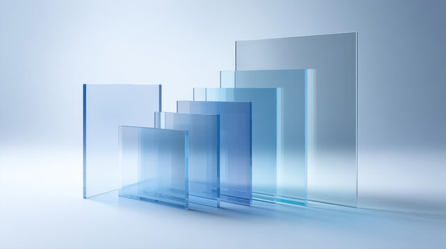 Abstract composition of various sizes of transparent glass sheets and blue acrylic plates standing on a light surface. Modern architectural material samples for window design and interior glazing.