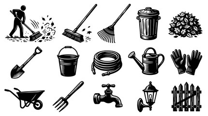 Obraz premium Gardening and Yard Work Tools Black and White Line Art Icon Set. Monochrome Vector Collection of Garden Maintenance Equipment and Cleaning Glyphs.