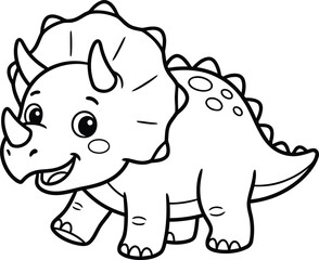Cute cartoon triceratops dinosaur, a friendly prehistoric creature with detailed outline for coloring page activity and professional composition. © MstBaby