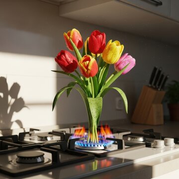 Colorful Tulips in Vase on Gas Stove with Flames