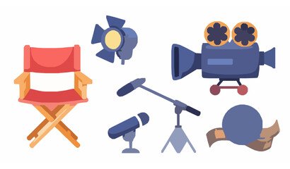 Cartoon film production equipment vector with director chair camera boom mic and studio gear isolated © Bipul