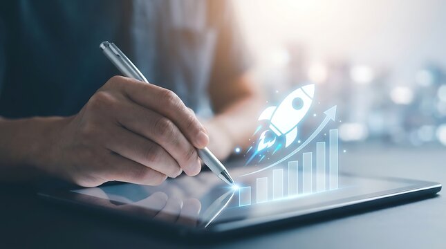 Close-up of a person using a stylus on a tablet displaying a growing business chart and a launching rocket icon, symbolizing