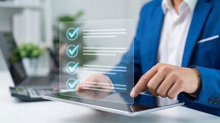 Fototapeta premium Person checking off items on a digital checklist using a tablet device with task list checklist completion completed approved